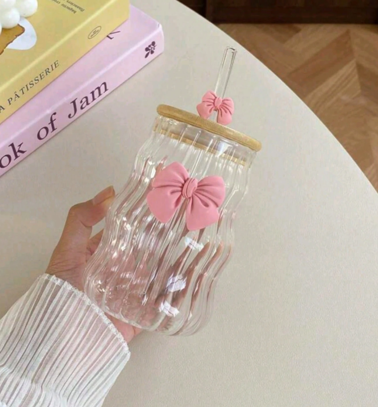 Bow Coffee High Borosilicate Glass Cloud Mug Wooden Lid With Straw