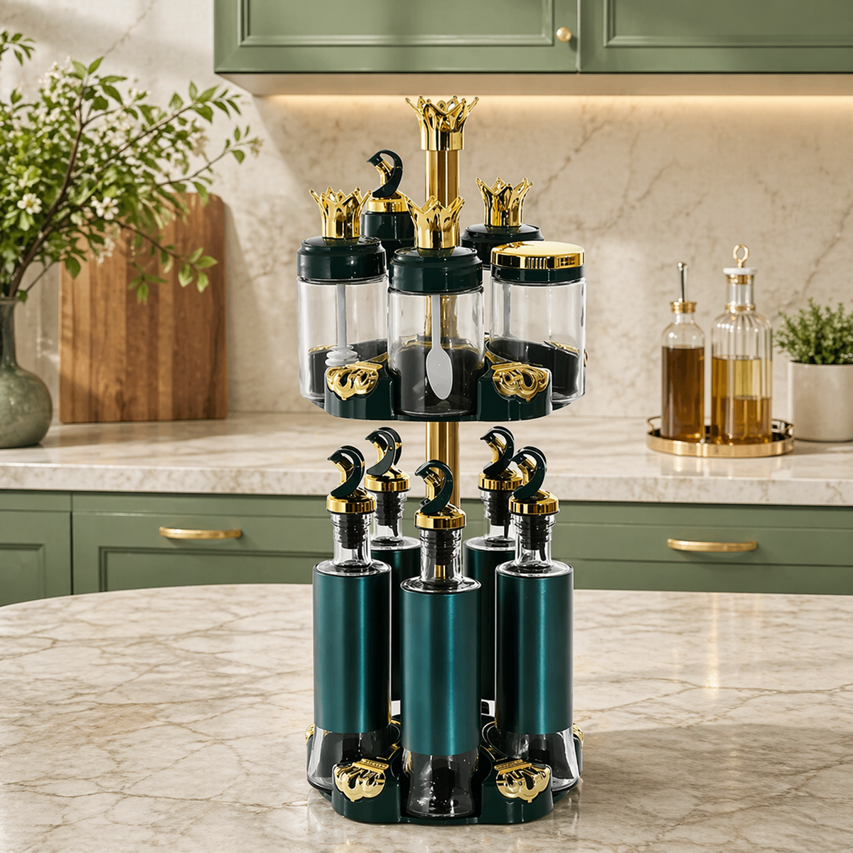 Luxury Spice Organizer Stand, Rotating Oil And Spice Dispenser Set