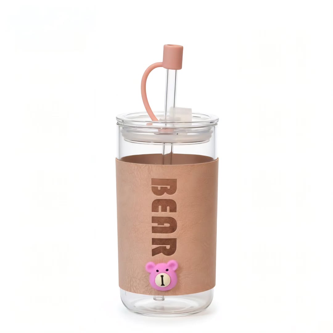 Bear Sleeves Glass Tumbler With Bamboo Lid And Straw 410 ML