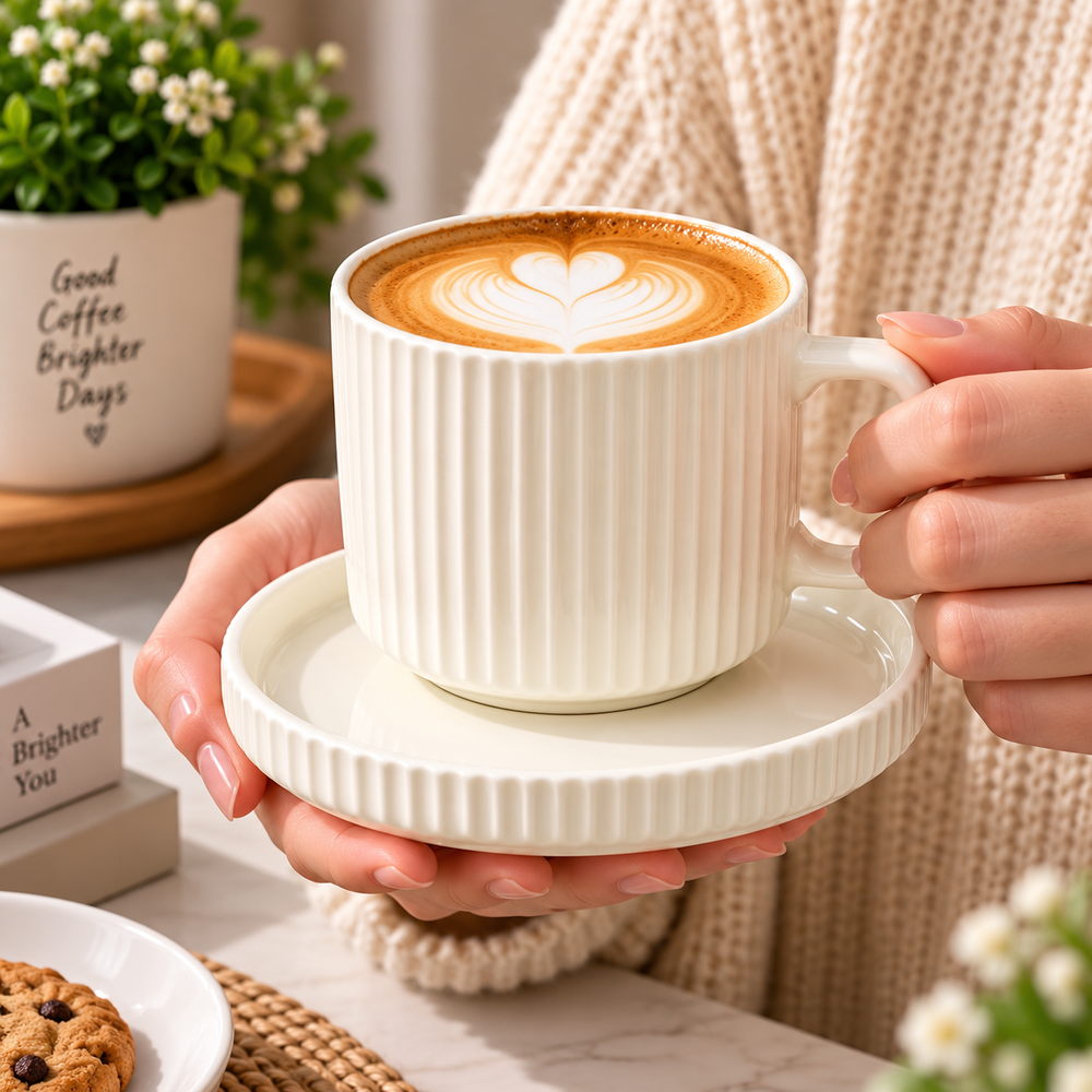 8Pcs Vintage Style Ceramic Quality Coffee Cup With Saucer Set