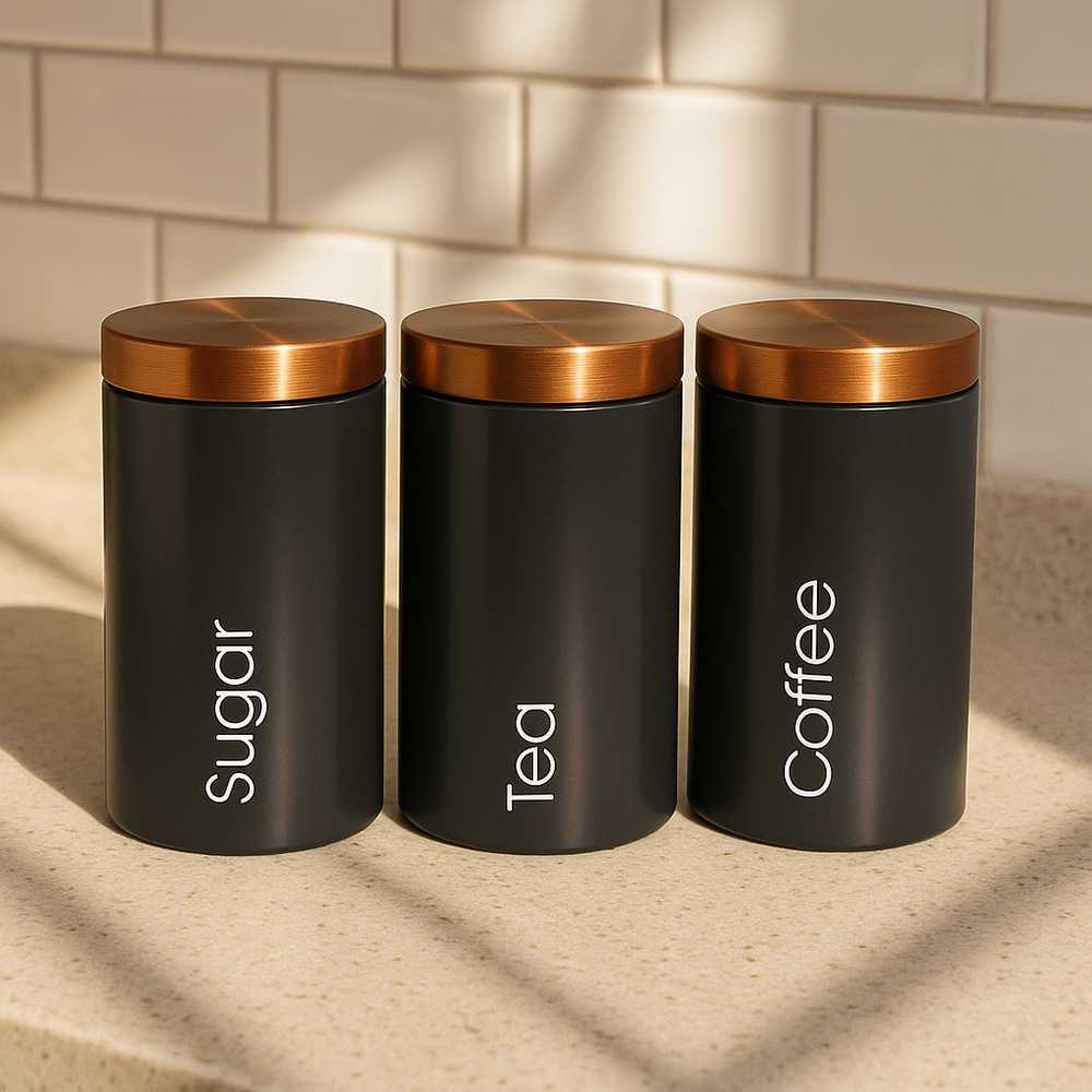 3-Piece Kovot Matte Black Metal Kitchen Storage Canisters With Copper-Colored Lids