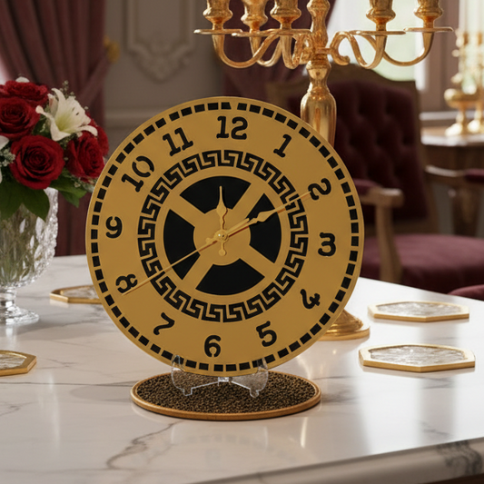 Gold & Black Greek Key Design Decorative Table Clock