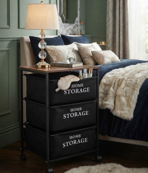 Household Multifunctional 3-Tier Storage Organizer Rack with Wooden Top & Fabric Bins - Rolling Utility Cart
