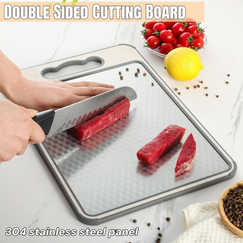 Double Sided Cutting Board for Kitchen, 304 Stainless Steel and Wheat Straw Chopping Board