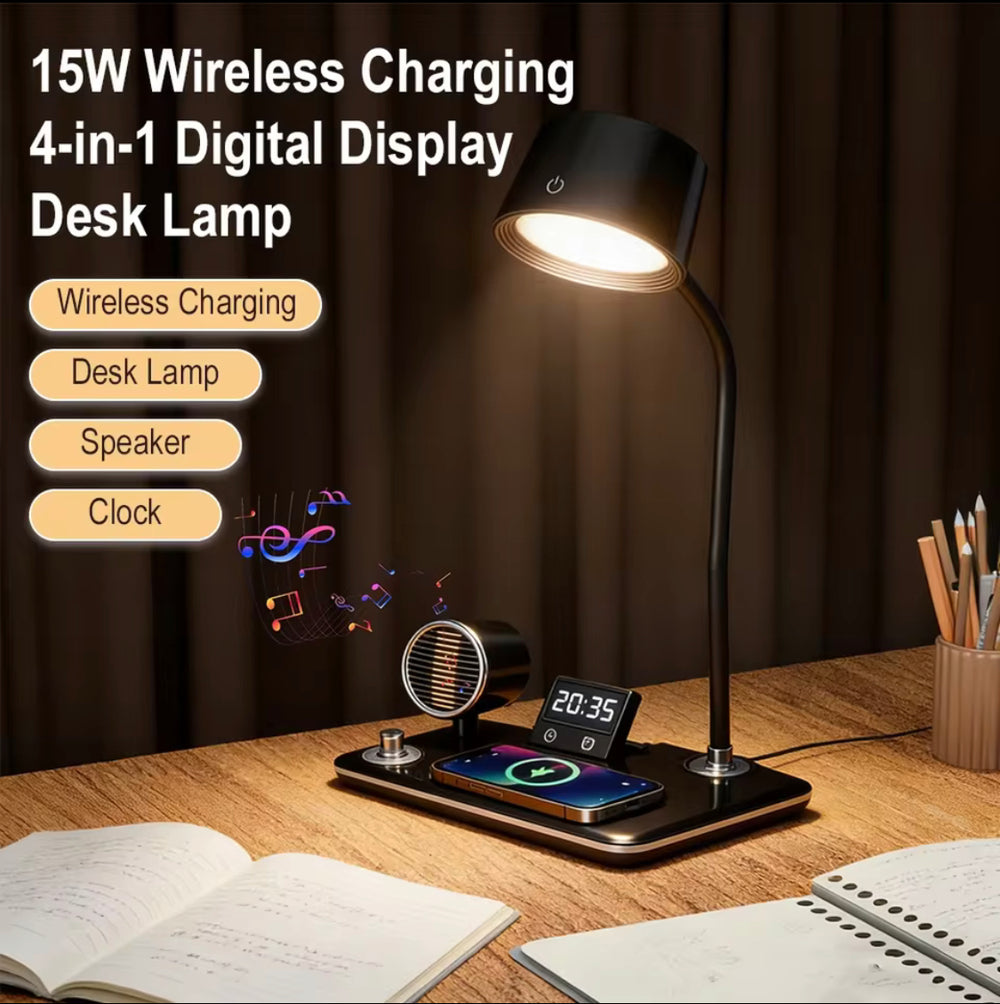 4-In-1 Adjustable Smart LED Table Lamp With Wireless Charging Pod, Bluetooth Speaker & Clock