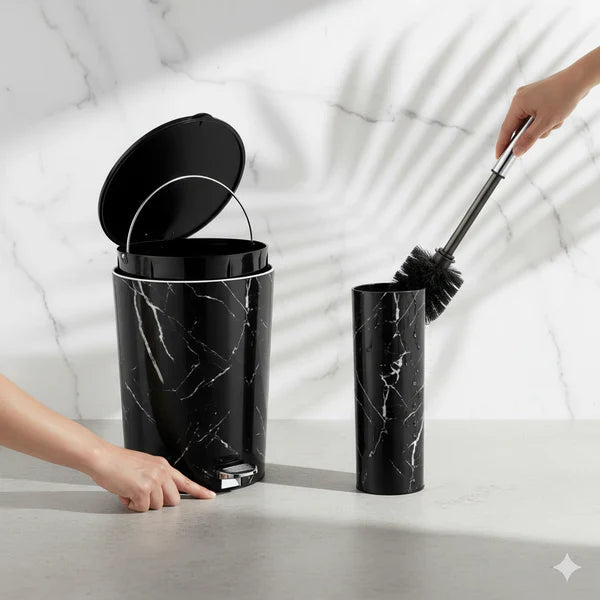 Limon Marble Print Luxury Dustbin Brush Set