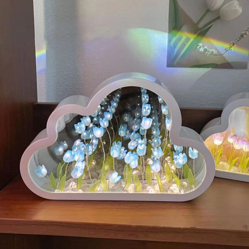 Cloud-Shaped Tulip Mirror, 20 Flowers Night Light Table Lamp