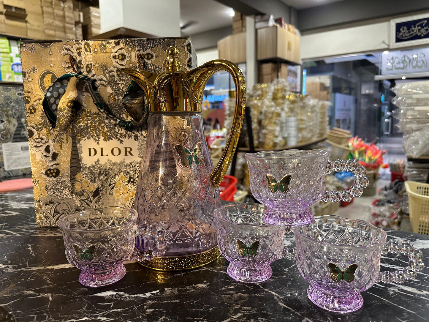 Turkish Luxurious Dining Table DLOR Butterfly Logo Jug And Glasses Set With Gift Box Packing