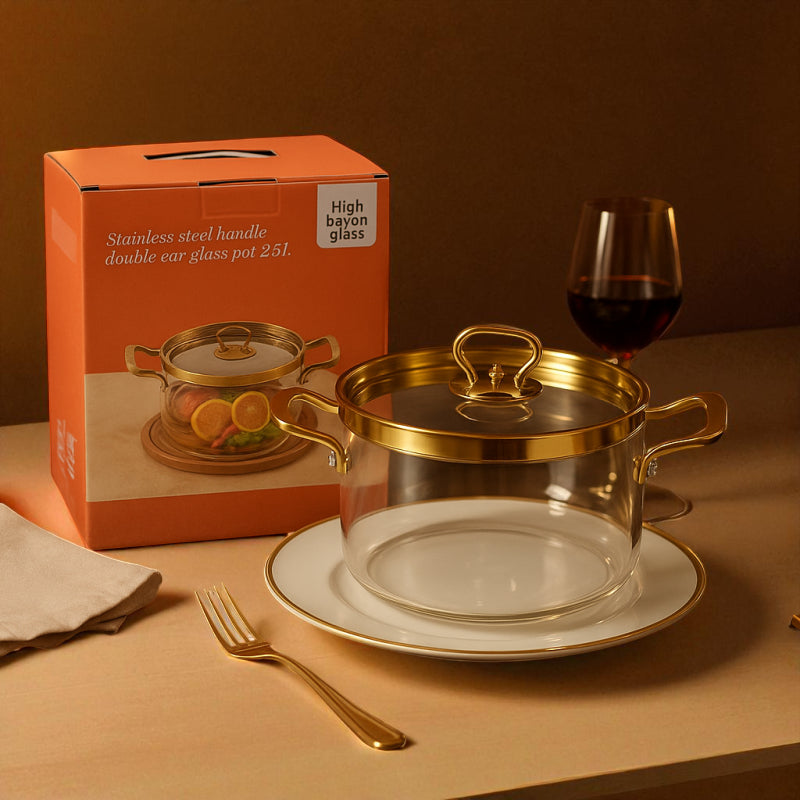 High Bayon Glass Stainless Steel Handle Double Ear Glass Pot 2.5L Heat Resistant