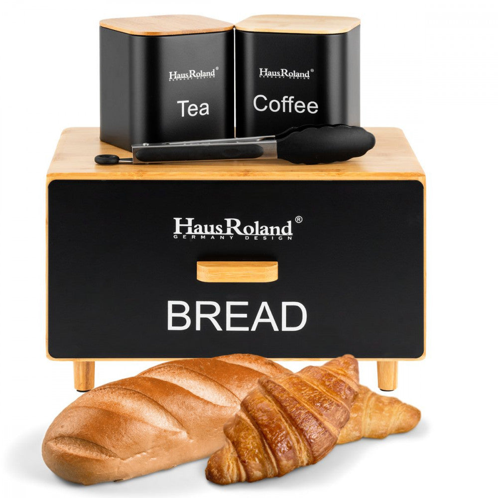 Luxury Matte Black Bread & Canister Set - Tea and Coffee Storage with Bamboo Lids