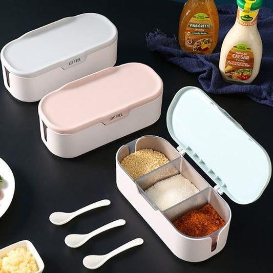 3-grid Seasoning Storage Box With Lid & spoons.