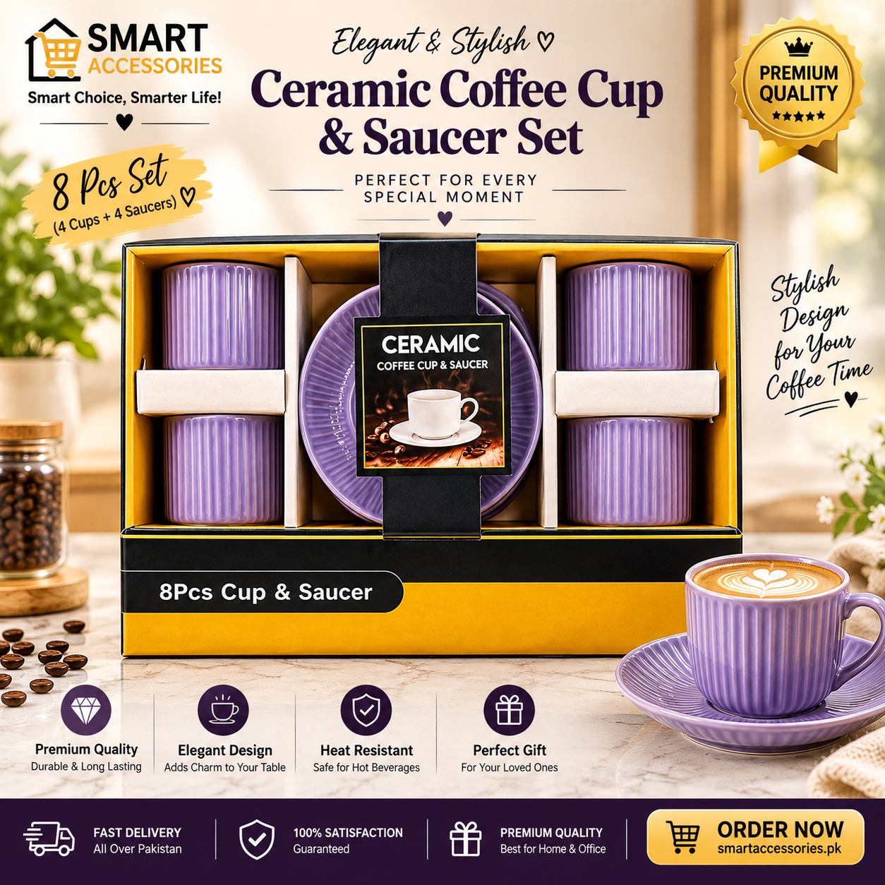 8Pcs Vintage Style Ceramic Quality Coffee Cup With Saucer Set