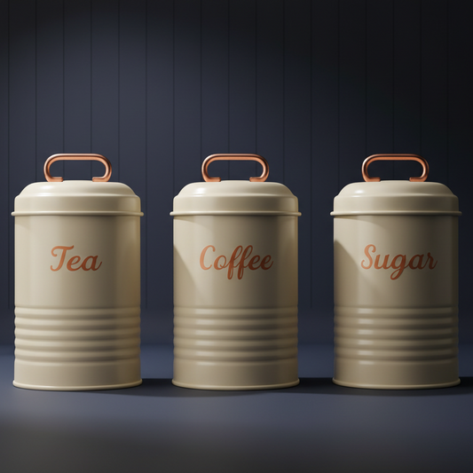 Vintage Metal Canister Set For Tea, Coffee, and Sugar With Cream Finish And Copper-Colored Handles.