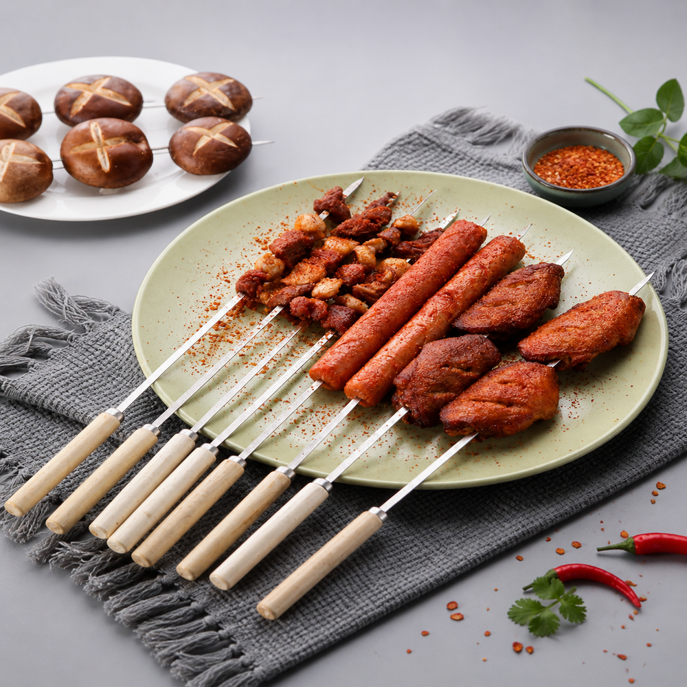 Reusable Stainless Steel steel BBQ Skewers With Wooden Handles (Pack Of 6)