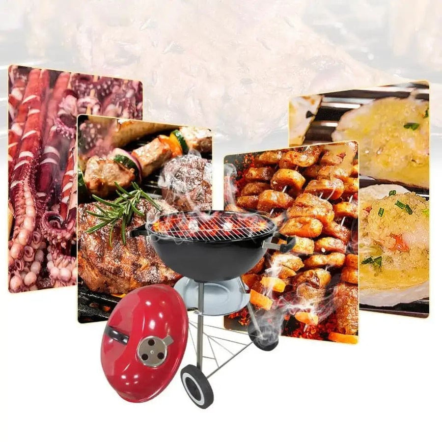 Charcoal BBQ Grill, Smoker Grill For Outdoor Cooking Camping Kettle Grill With Lid & Wheels