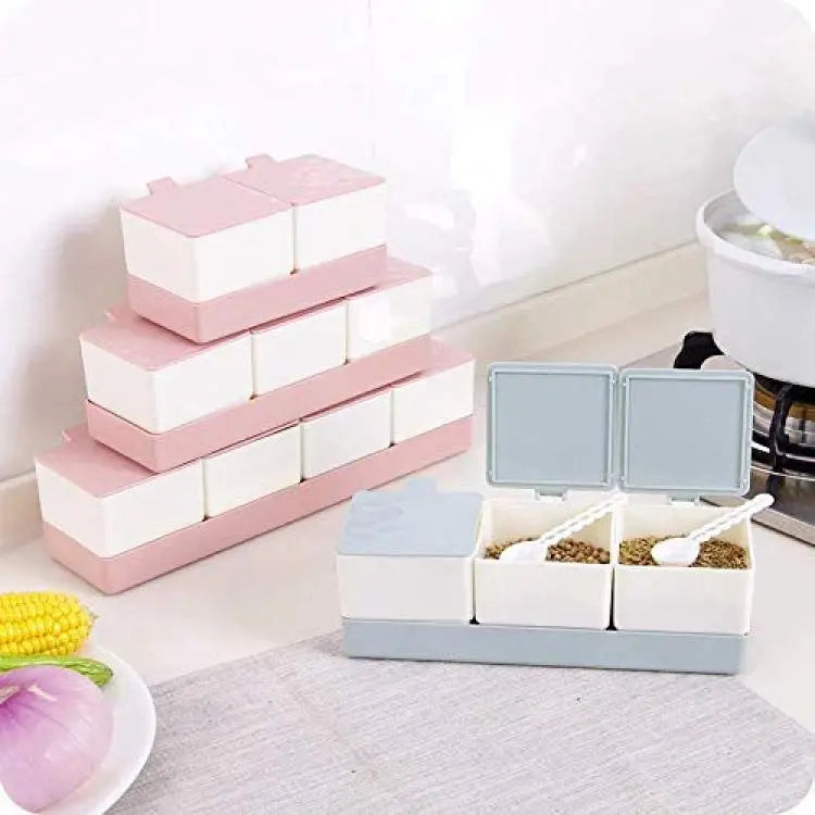 3 Grid Spice Storage Box With Spoon