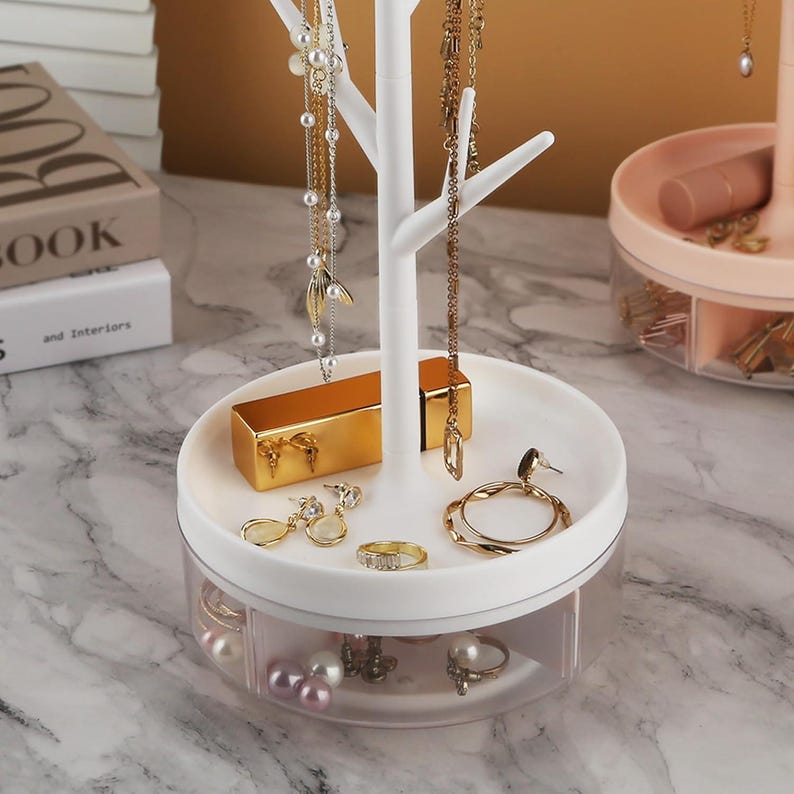 Rotating Branch Tree Jewelry Stand With Storage Tray