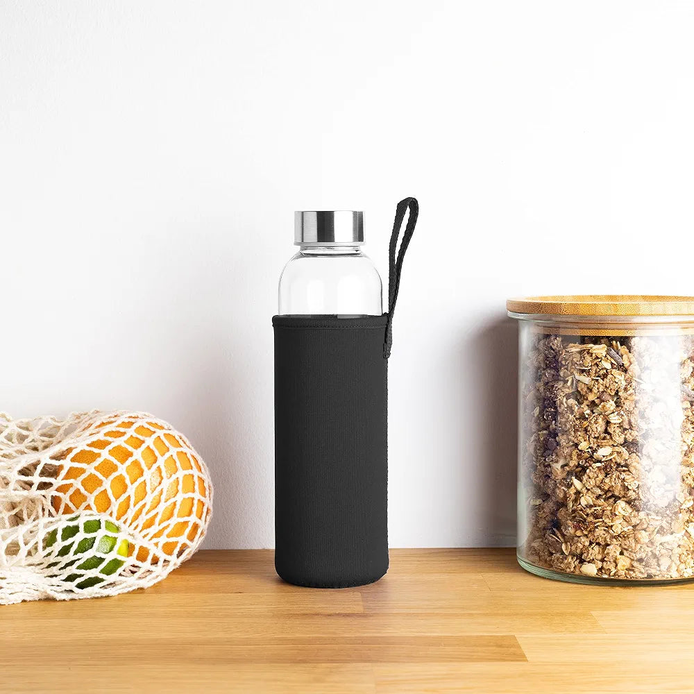 Borosilicate Glass Water Bottle With Stainless Steel Lid & Protective Sleeves