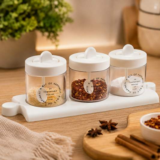 3-Piece Glasss Spices Jars Set With Tray & Spoon