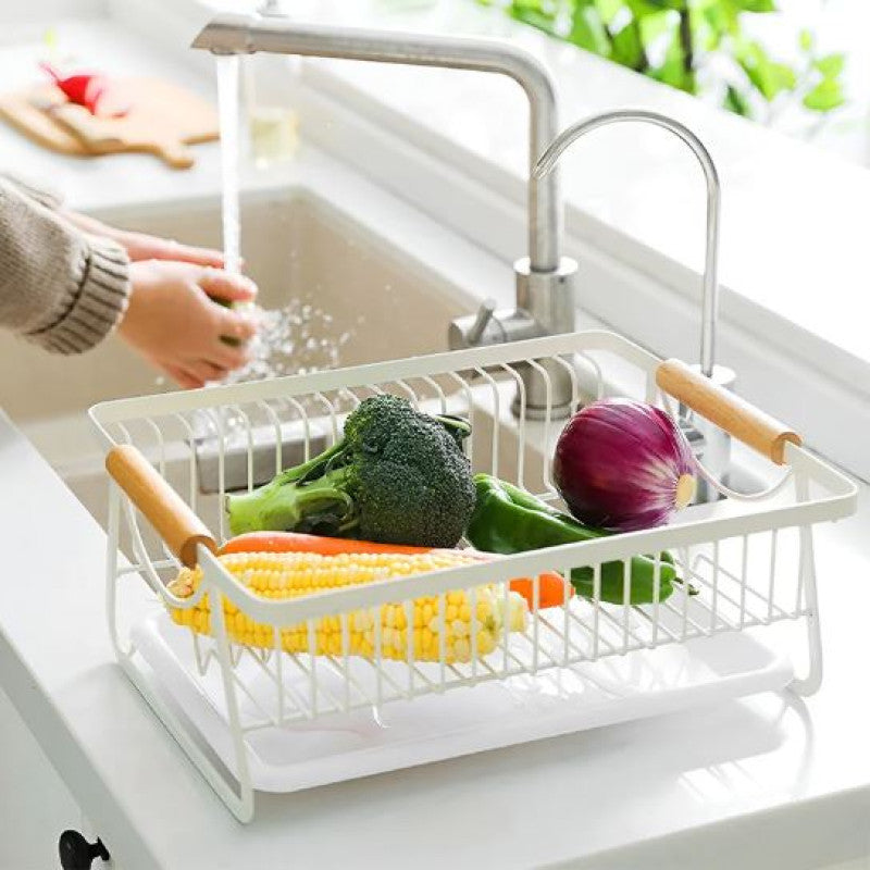 Metal Kitchen Dish Drying Rack With Wooden Handle