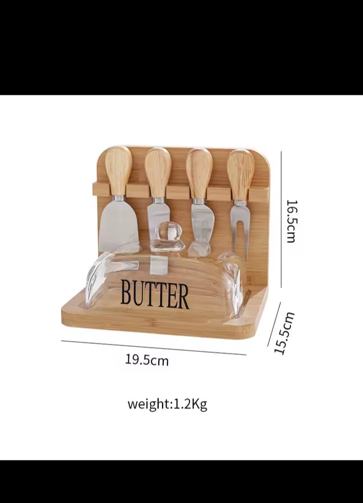 Wooden Butter & Dessert Box Set with Glass Lid & Utensils