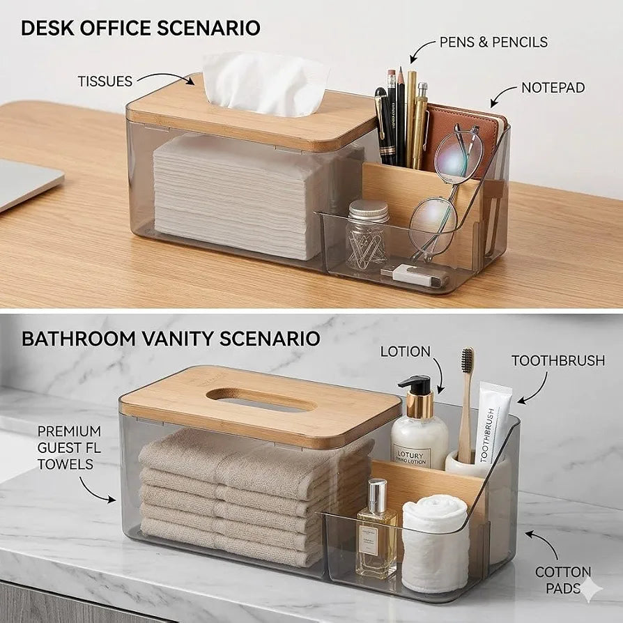 Acrylic Tissue Box Bamboo Lid With Remote Holder