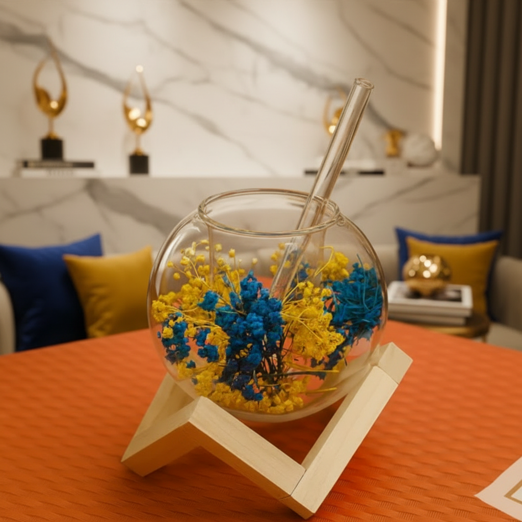 Heat Resistant Double Wall Glass Coffee Cup With Straw & Wooden Stand