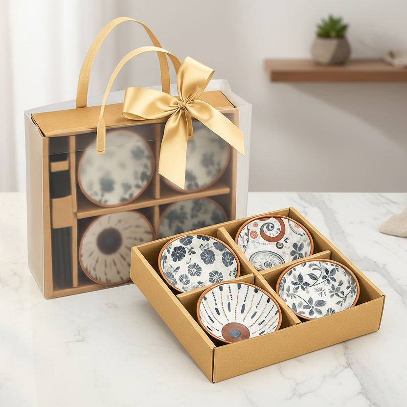 4-Pieces Elegant Japanese Ceramic Bowls Accompanied by a Golden Ribbon Bag