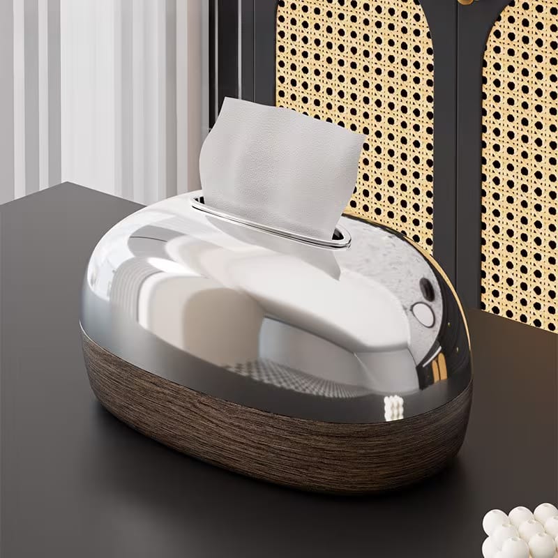 Premium Oval Chrome Style Finishing Tissue Box With Wooden Base