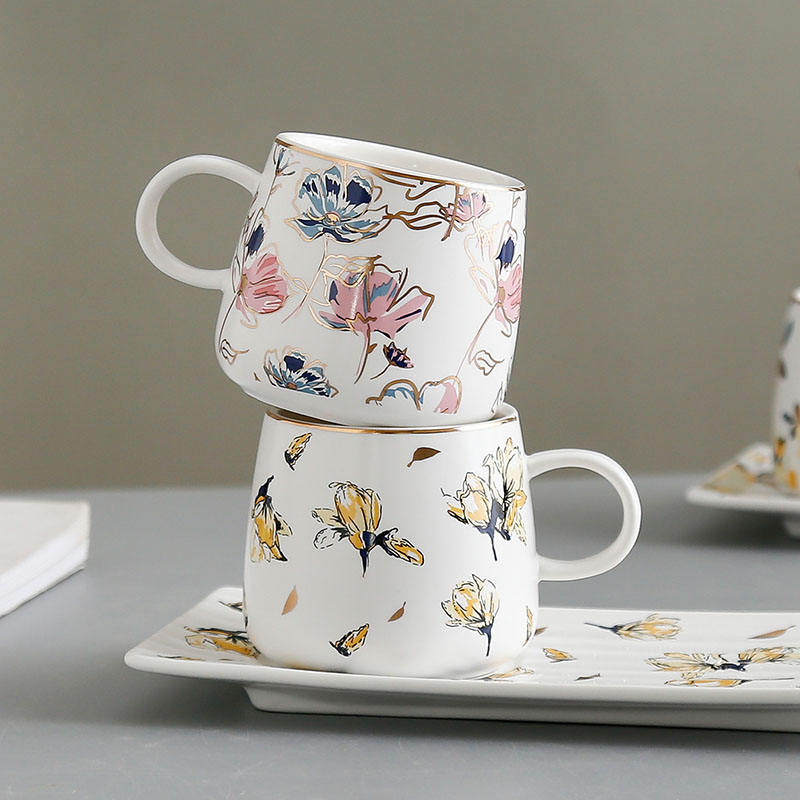 Floral Ceramic Coffee Mug With Tray & Gold Spoon