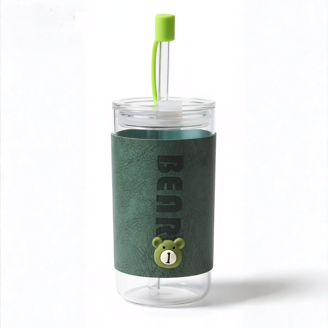 Bear Sleeves Glass Tumbler With Bamboo Lid And Straw 410 ML