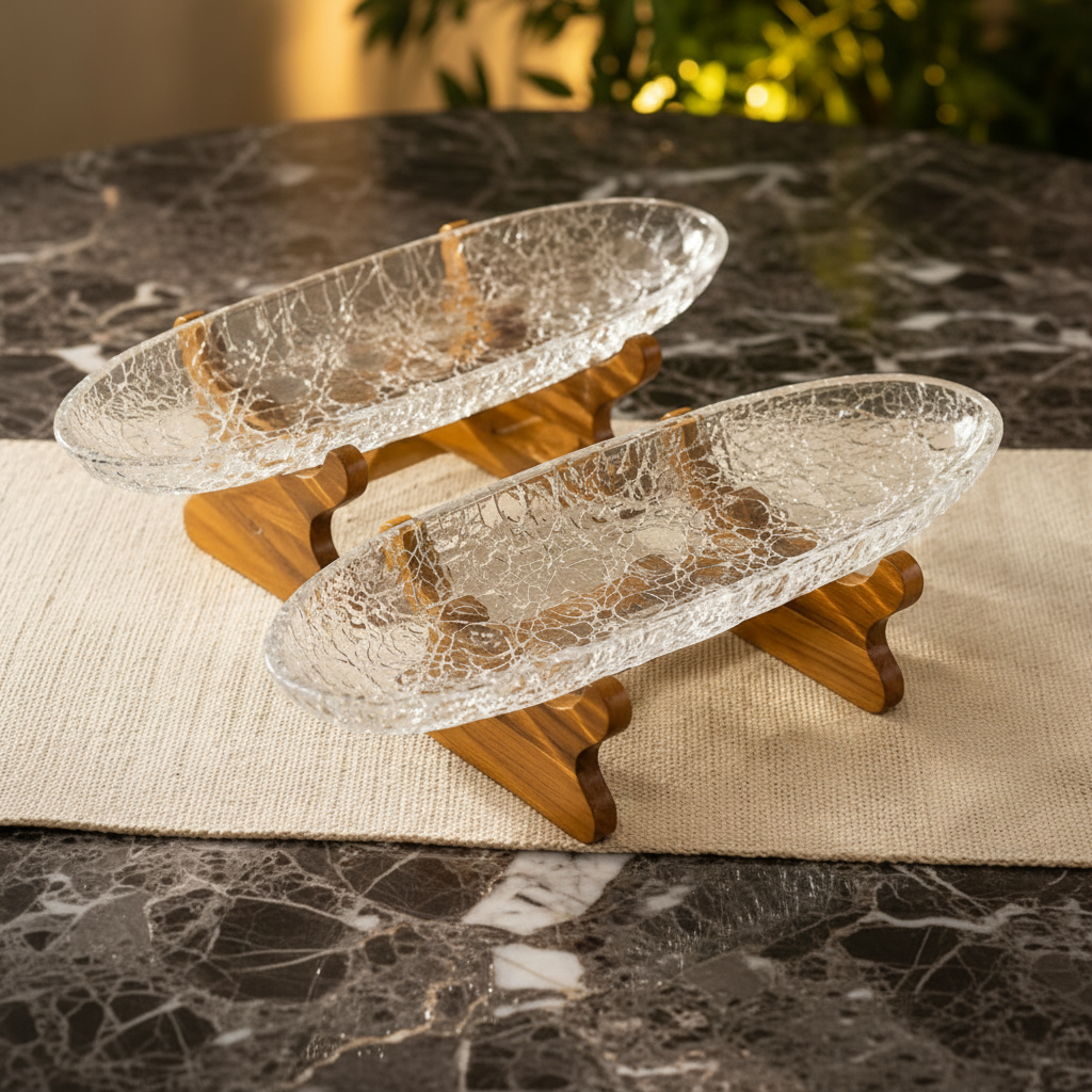 Luxury Glass Serving Tray With Wooden Stand