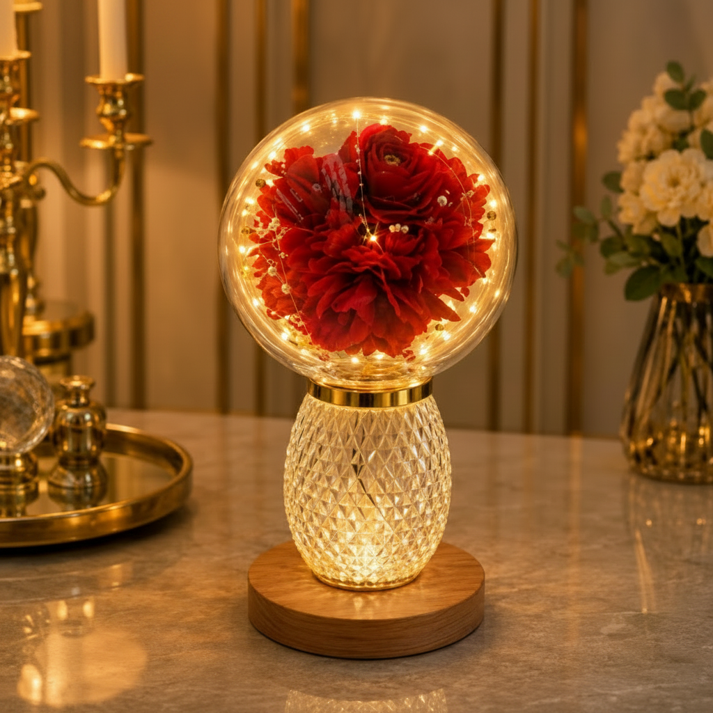 Red Flower Glass Globe LED Table Lamp With Crystal Base