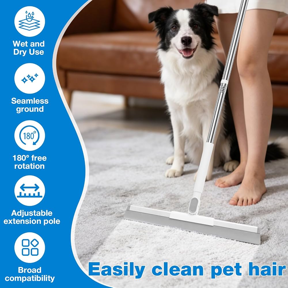 2-In-1 Adjustable Floor Squeegee & Rubber Broom with 180° Pivoting Head