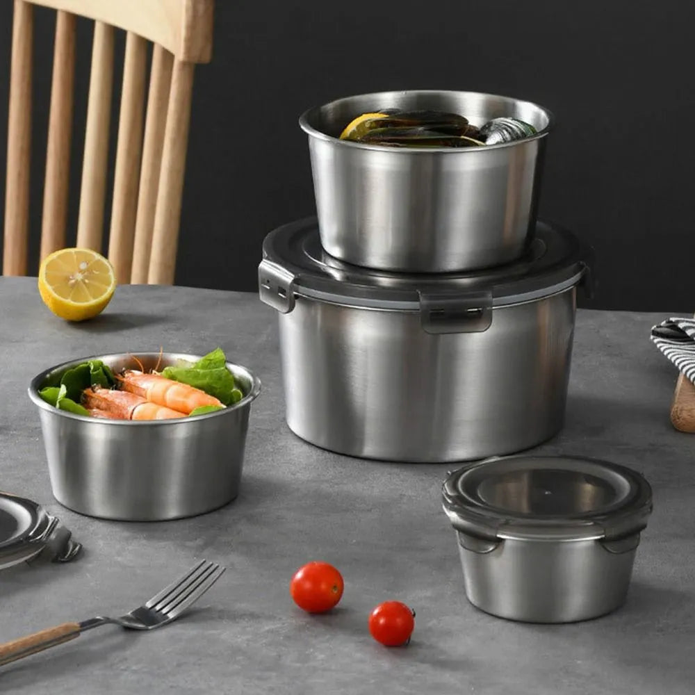 4Pcs Stainless Steel Storage Food Containers Round Box Set With Look