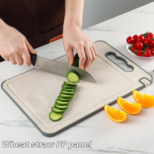 Double Sided Cutting Board for Kitchen, 304 Stainless Steel and Wheat Straw Chopping Board