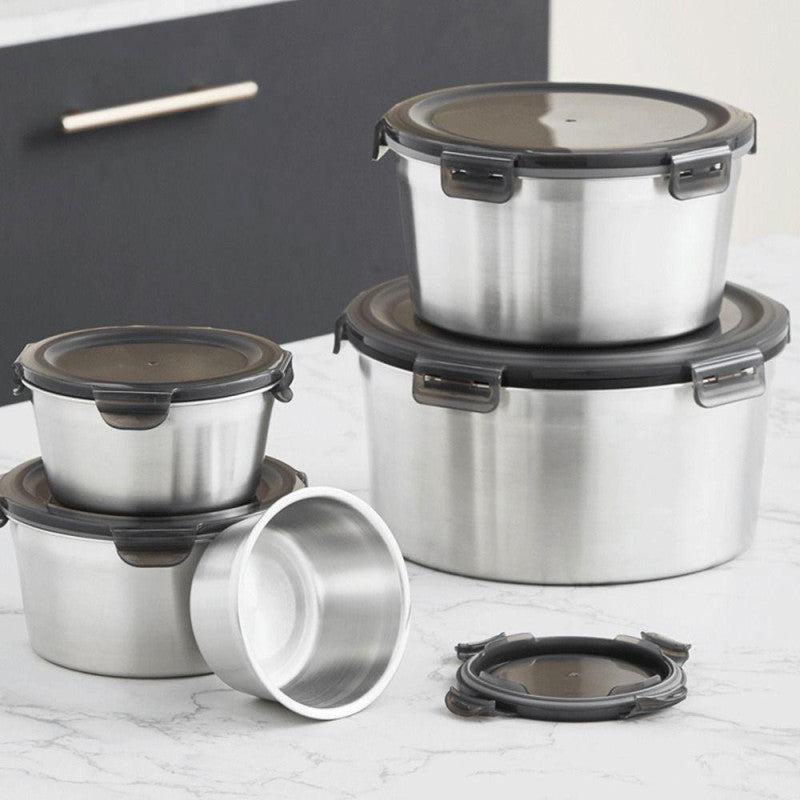 4Pcs Stainless Steel Storage Food Containers Round Box Set With Look