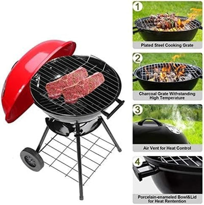 Charcoal BBQ Grill, Smoker Grill For Outdoor Cooking Camping Kettle Grill With Lid & Wheels