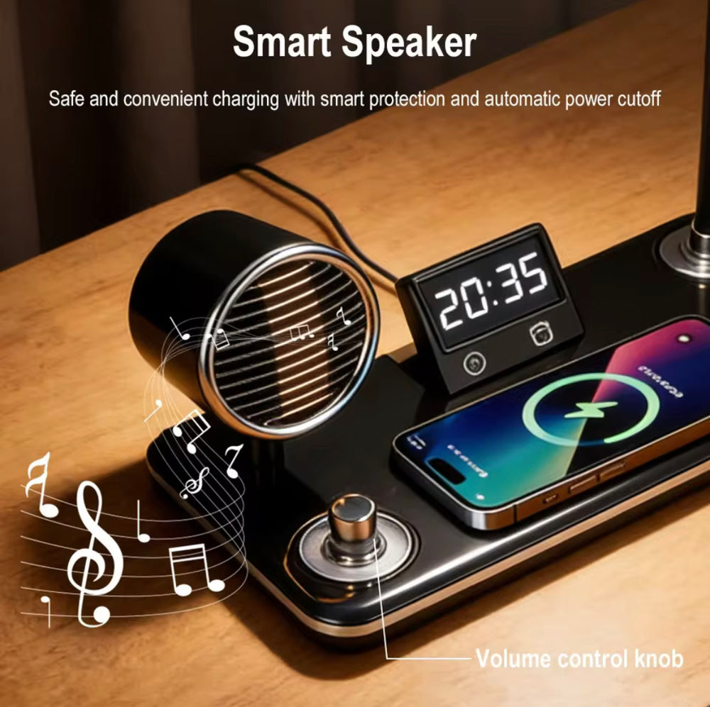 4-In-1 Adjustable Smart LED Table Lamp With Wireless Charging Pod, Bluetooth Speaker & Clock