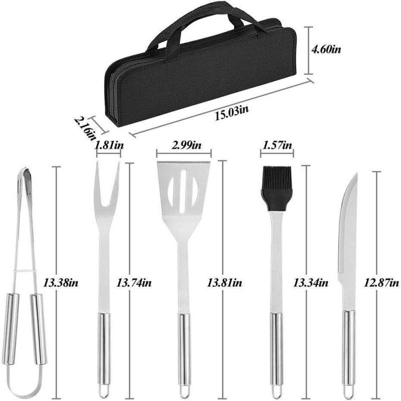 5Pcs Stainless Steel BBQ Grill Tools Set With Carry Bag