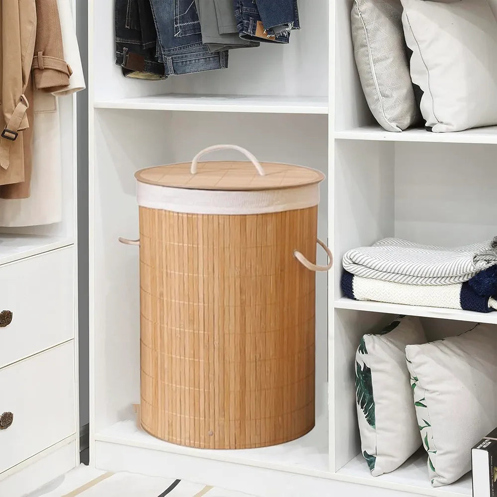Round Foldable Natural Bamboo Laundry Basket With Lid