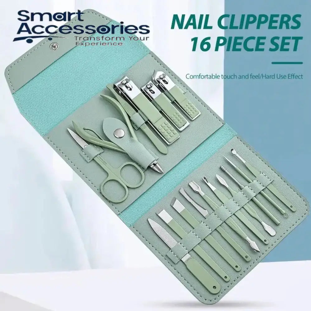 Set Of 16 Nail Clipper Stainless Steel Manicure Kit With Folding Bag Professional Pedicure Beauty