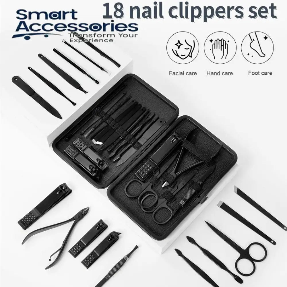 Set Of 18 Classic Black Nail Clipper Hand Feet Facial Accessories Stainless Steel Pedicure Kit