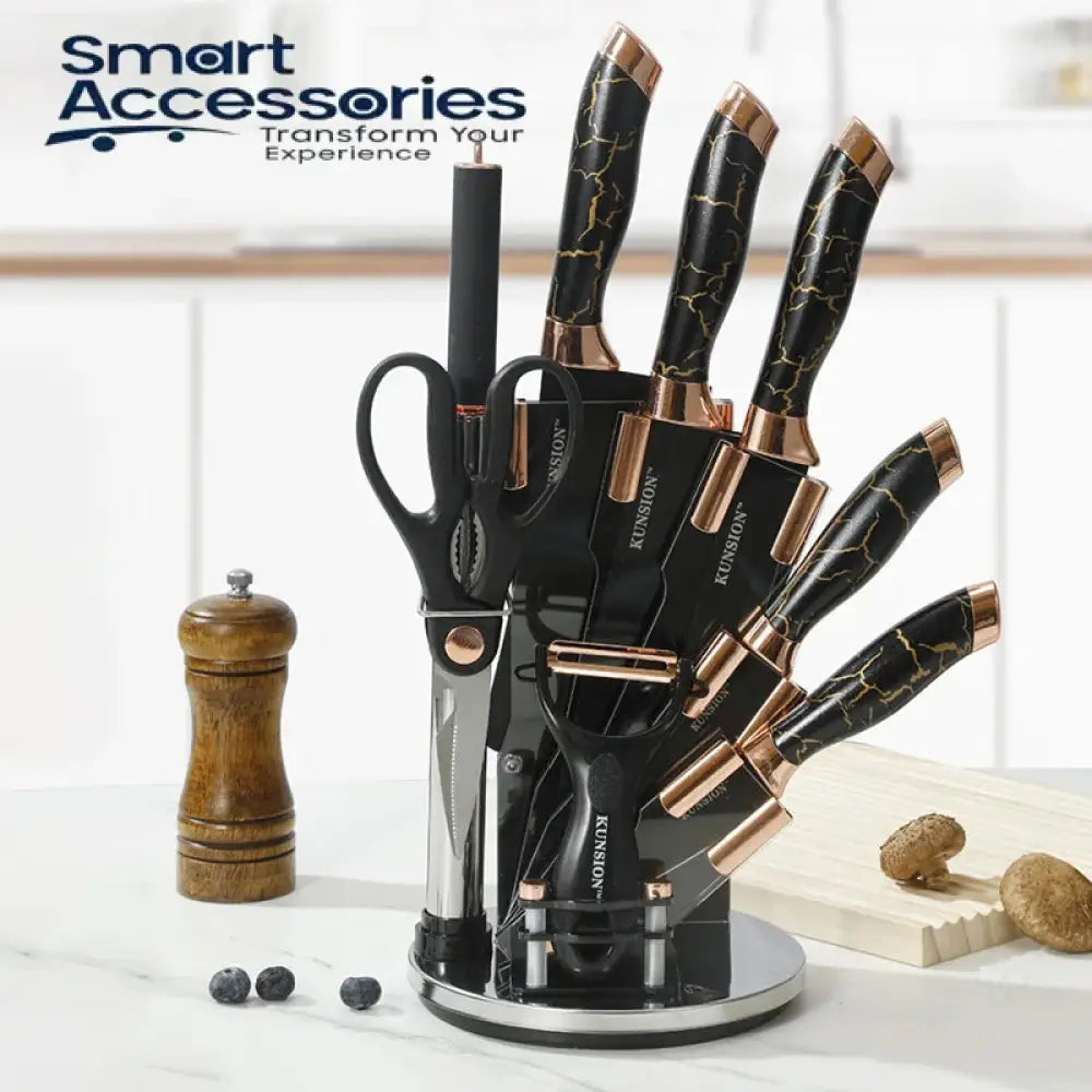 Textured Handle Knife Sets With Acrylic Rotate Stand Black Marble Texture