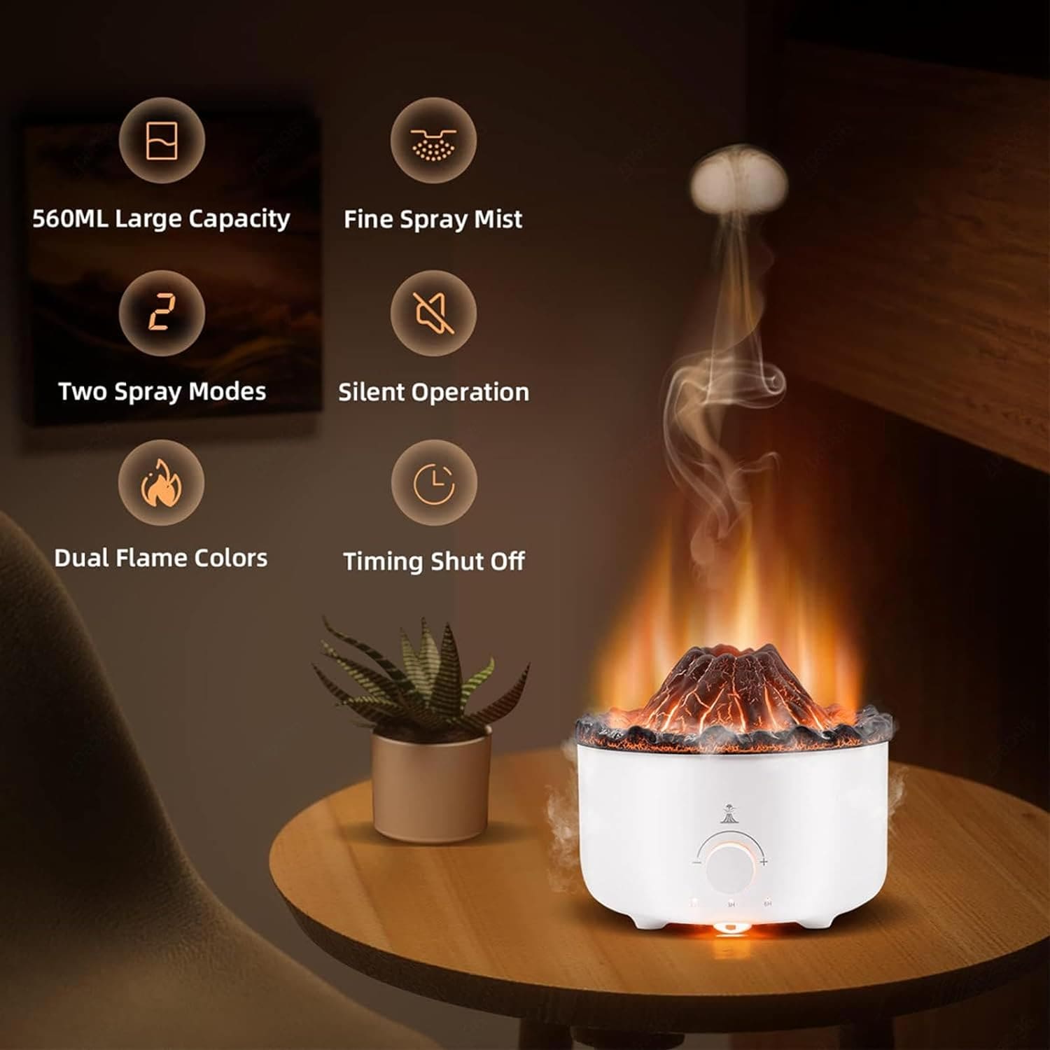 Volcano Aroma Humidifier, Flame Humidifier with Night Light Lamp