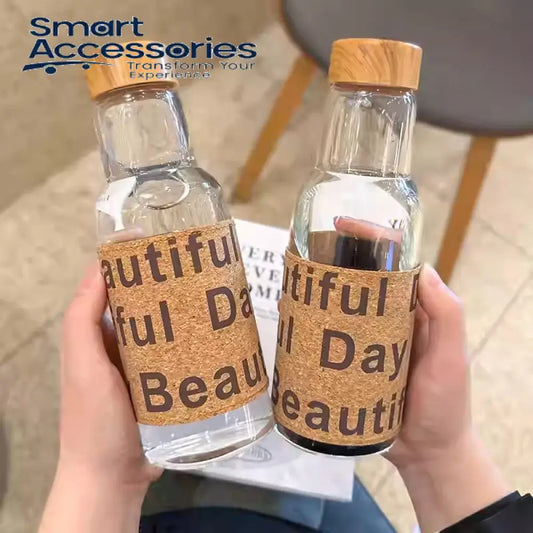 Wooden Design Leather Sticker Glass Water Bottle