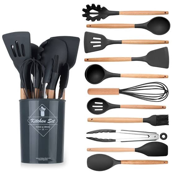 12PCS Kitchen Utensil Set Silicone Cooking Utensils Kit Spatula Heat Resistant Wooden Spoons Gadgets Tool for Non-Stick Cookware