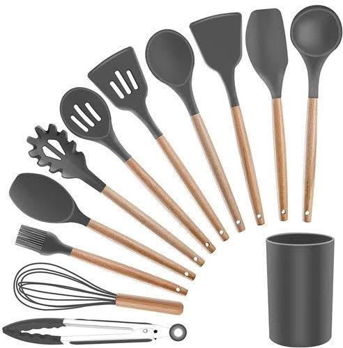 12PCS Kitchen Utensil Set Silicone Cooking Utensils Kit Spatula Heat Resistant Wooden Spoons Gadgets Tool for Non-Stick Cookware